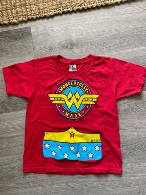 Jerzees Red Wonderfully Made Kids Superhero Tee with Yellow and Blue Print